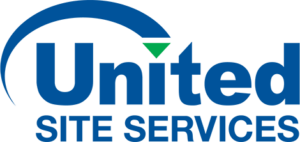 United Site Services logo featuring blue text and a green triangle over the letter "i" in "united"