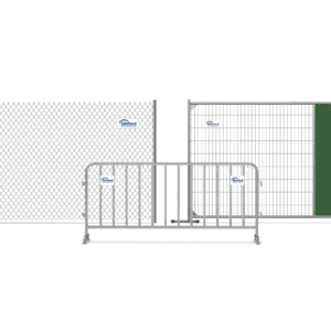 The different types of temporary fence rentals, including a chain-link fence, barricade, and privacy fence with a green privacy screen.