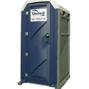 A blue portable toilet unit with the United Site Services logo and contact number at the top, featuring a lockable door and vents
